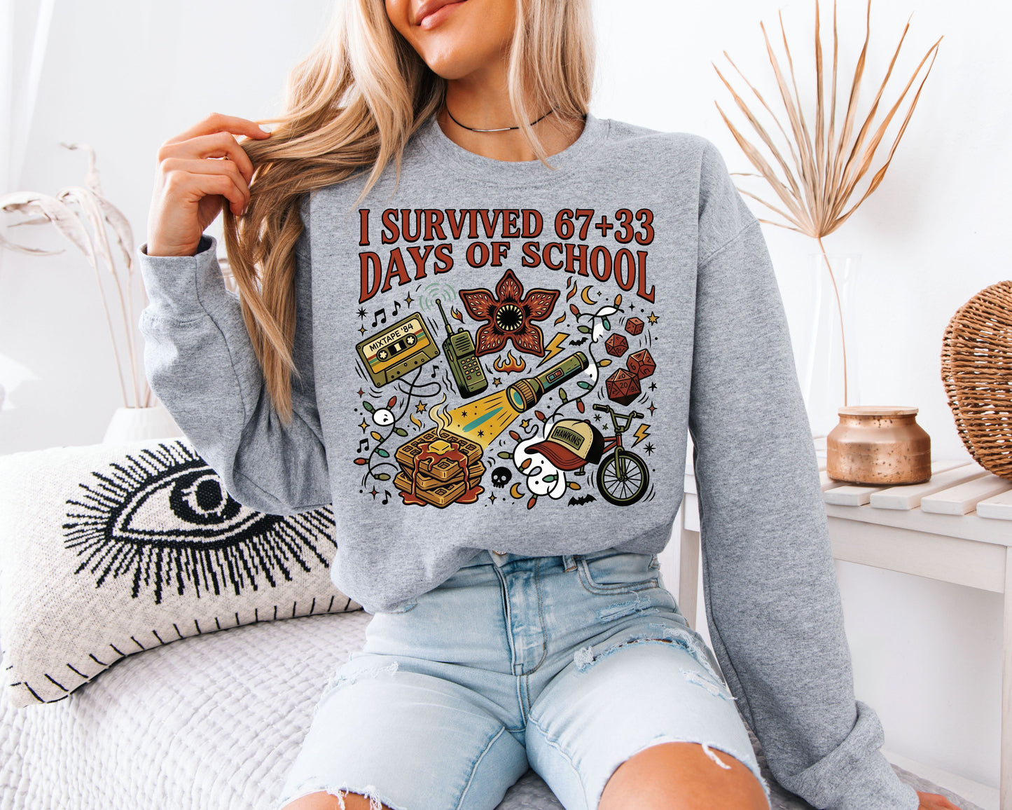 I Survived 67+33 Days of School Sweatshirt, Funny School Survivor Shirt, Retro Pop Culture Unisex Crewneck
