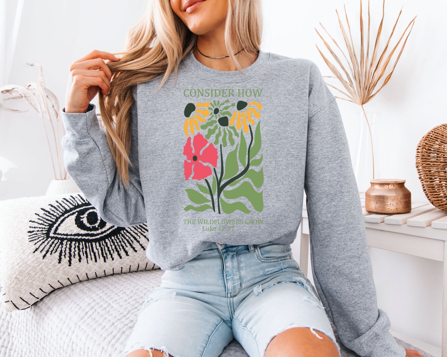 Consider the Wildflowers Sweatshirt – Luke 12:27 Christian Floral Crewneck, Botanical Scripture Pullover, Cottagecore Flower Graphic Sweater, Faith Gift for Women