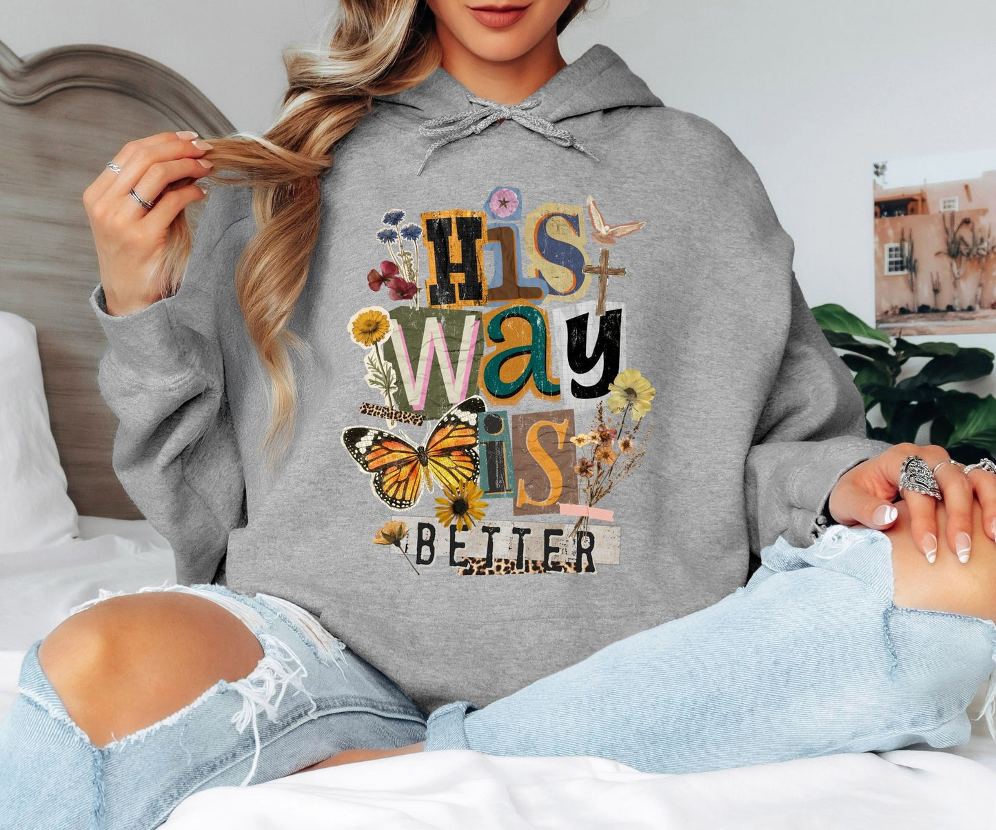 His Way Is Greater Christian Faith Hoodie, Spiritual Butterfly Floral Design, Vintage Inspired Unisex Hoodie