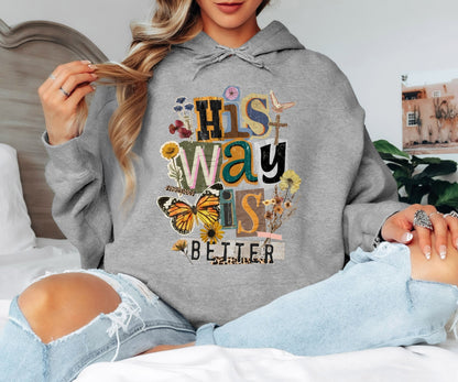 His Way Is Greater Christian Faith Hoodie, Spiritual Butterfly Floral Design, Vintage Inspired Unisex Hoodie