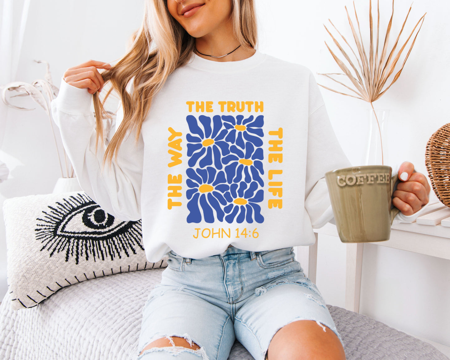 Christian Bible Verse Sweatshirt, John 14:6 Scripture Floral Crewneck, Faith-Based Retro Graphic Pullover