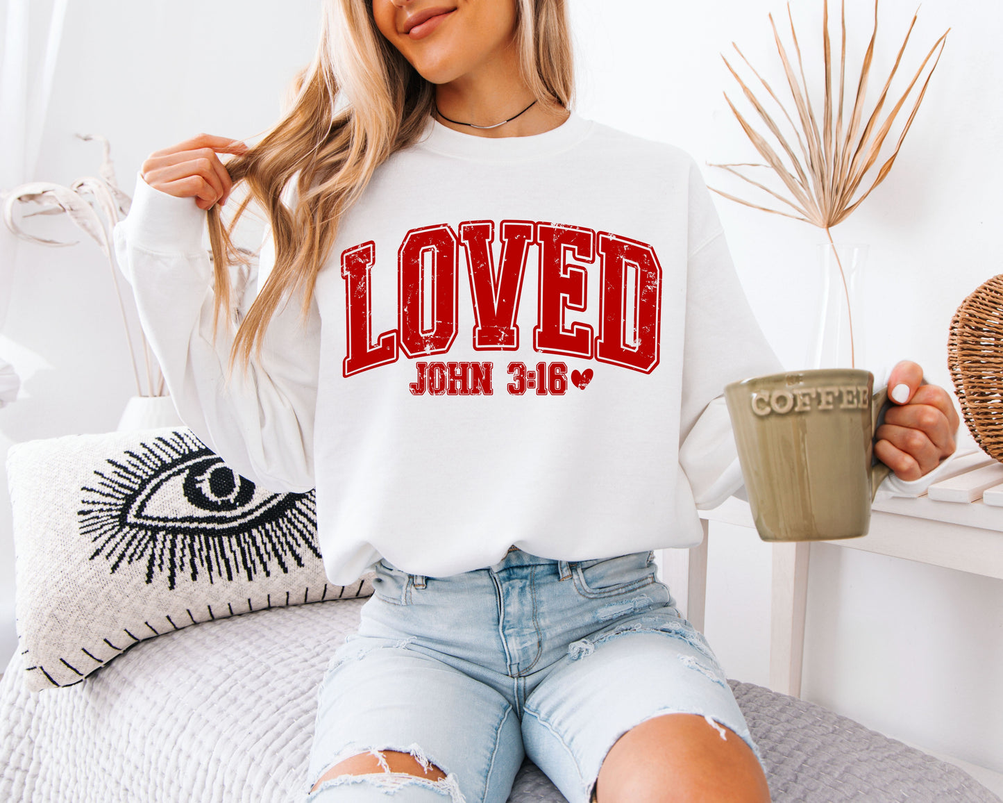 LOVED John 3:16 Sweatshirt | Distressed Varsity Christian Crewneck | Bible Verse Valentine Gift