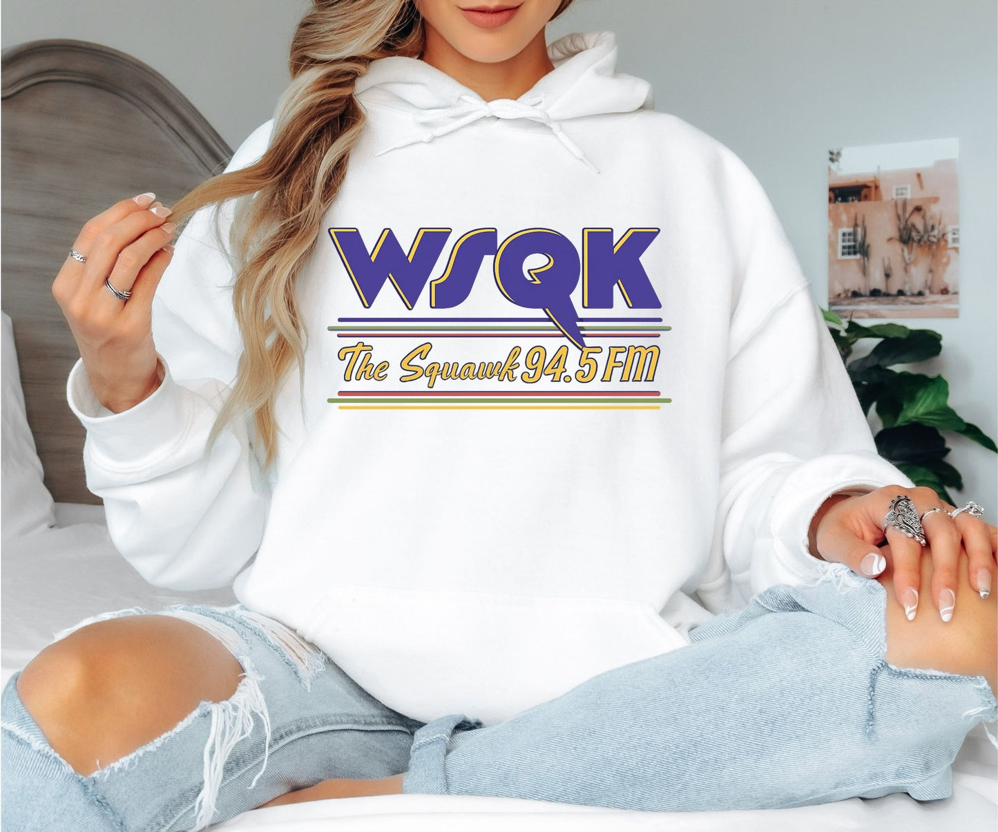 WSQK The Squawk 94.5 FM Hoodie – Retro Radio Station Inspired Hoodie, 80s Vintage Graphic Hoodie, Unisex Cozy Sweatshirt