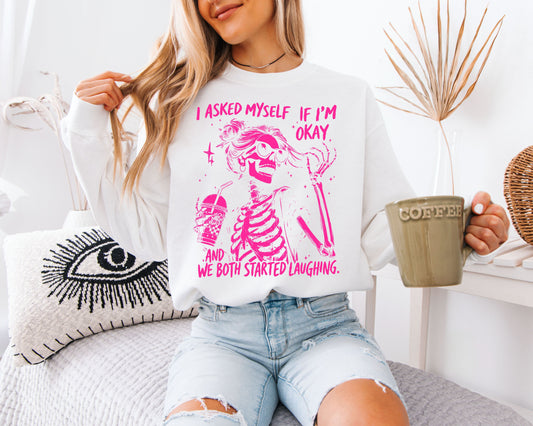 Sarcastic Skeleton Graphic Sweatshirt – Pink Quote Unisex Pullover, Bold Aesthetic Statement Sweatshirt