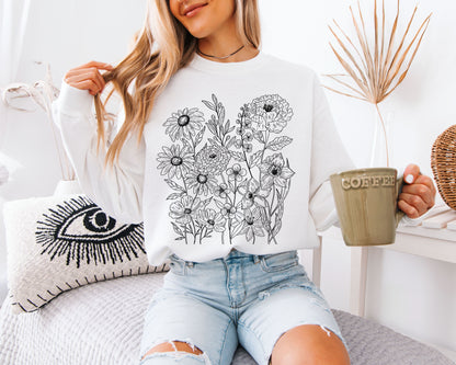 Vintage Botanical Sweatshirt, Floral Sketch Crewneck, Relaxed Fit Pullover, Nature Lover Gift