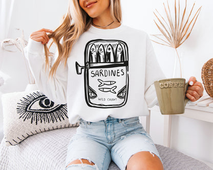 Wild Caught Sardine Tin Sweatshirt - Hand-Drawn Blue Aesthetic Pullover, Tinned Fish Lover Crewneck, Mediterranean Coastal Style Jumper