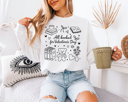 All Booked for Valentine’s Day Sweatshirt | Cute Doodle Book Lover Crewneck | Coquette Bear & Bows Reading Gift