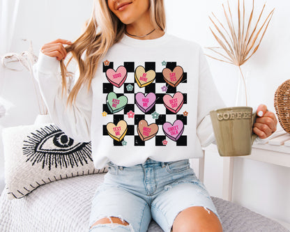Retro Conversation Hearts Sweatshirt | Valentine’s Day Checkerboard Crewneck | Cute Candy Heart Gift for Her