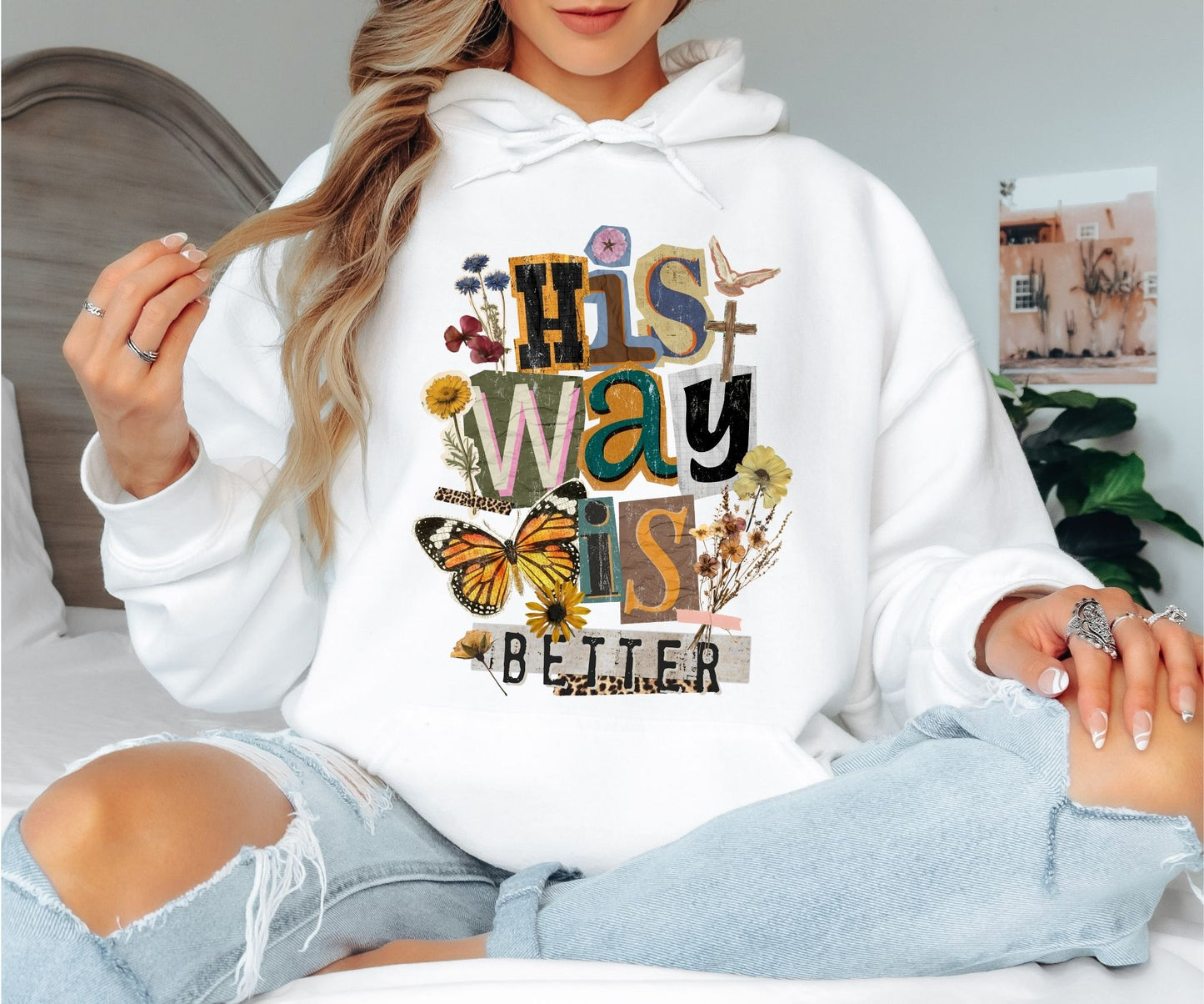 His Way Is Greater Christian Faith Hoodie, Spiritual Butterfly Floral Design, Vintage Inspired Unisex Hoodie