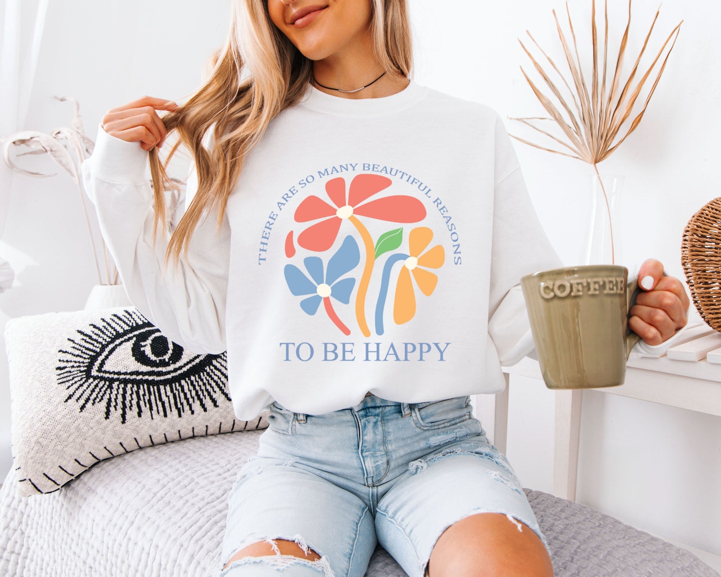 Soft Neutral Botanical Sweatshirt, Minimal Floral Crewneck Pullover, Everyday Comfort