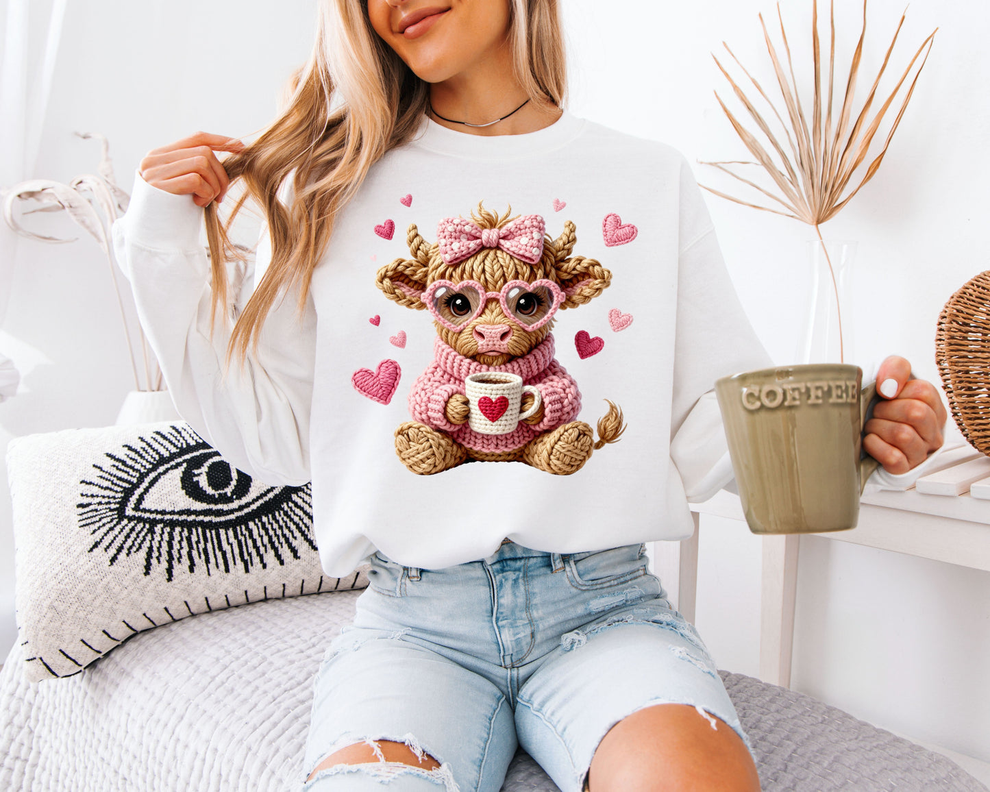 Cute Highland Cow Valentine Sweatshirt | Faux Crochet Style Coffee Lover Crewneck | Adorable Farm Animal Gift