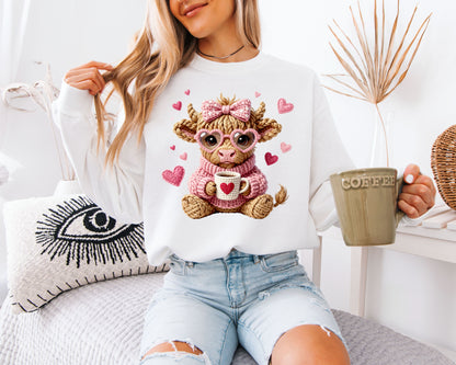 Cute Highland Cow Valentine Sweatshirt | Faux Crochet Style Coffee Lover Crewneck | Adorable Farm Animal Gift