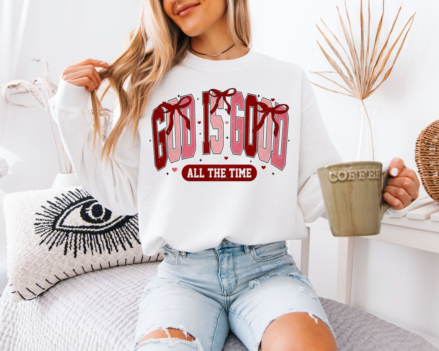 God Is Good All The Time Sweatshirt | Coquette Bow Christian Crewneck | Cute Faith Based Valentine Gift