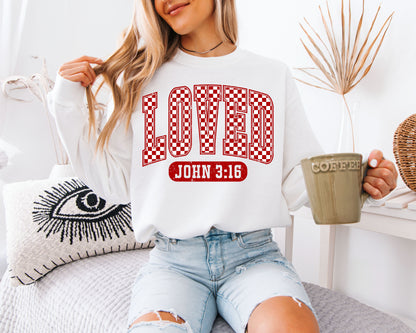 LOVED John 3:16 Sweatshirt | Distressed Varsity Christian Crewneck | Bible Verse Valentine Gift