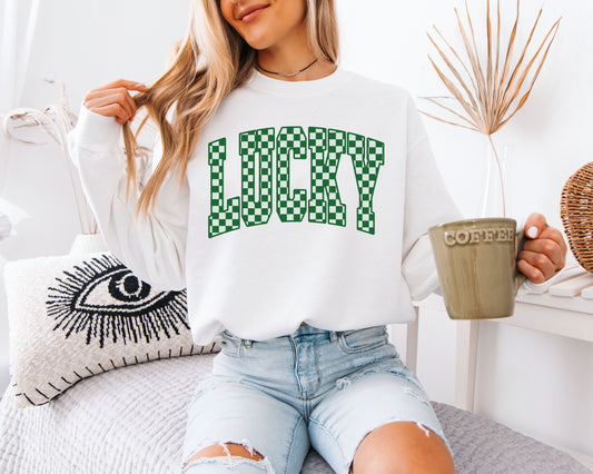 Lucky Checkerboard Graphic Sweatshirt – St. Patrick’s Day Pullover