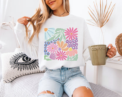 Retro Botanical Blossom Hoodie – Colorful Flower Art Pullover, Relaxed Fit Cozy Sweatshirt, Plant Lover Streetwear