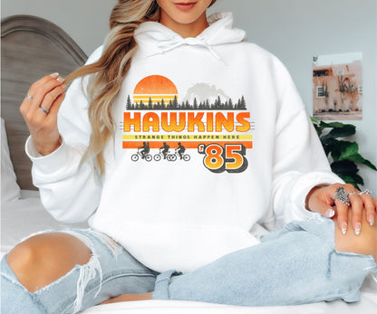 Hawkins ’85 Hoodie – Stranger Things Inspired Retro 80s Graphic Hoodie, Hawkins Indiana Vintage Sci-Fi Unisex Sweatshirt