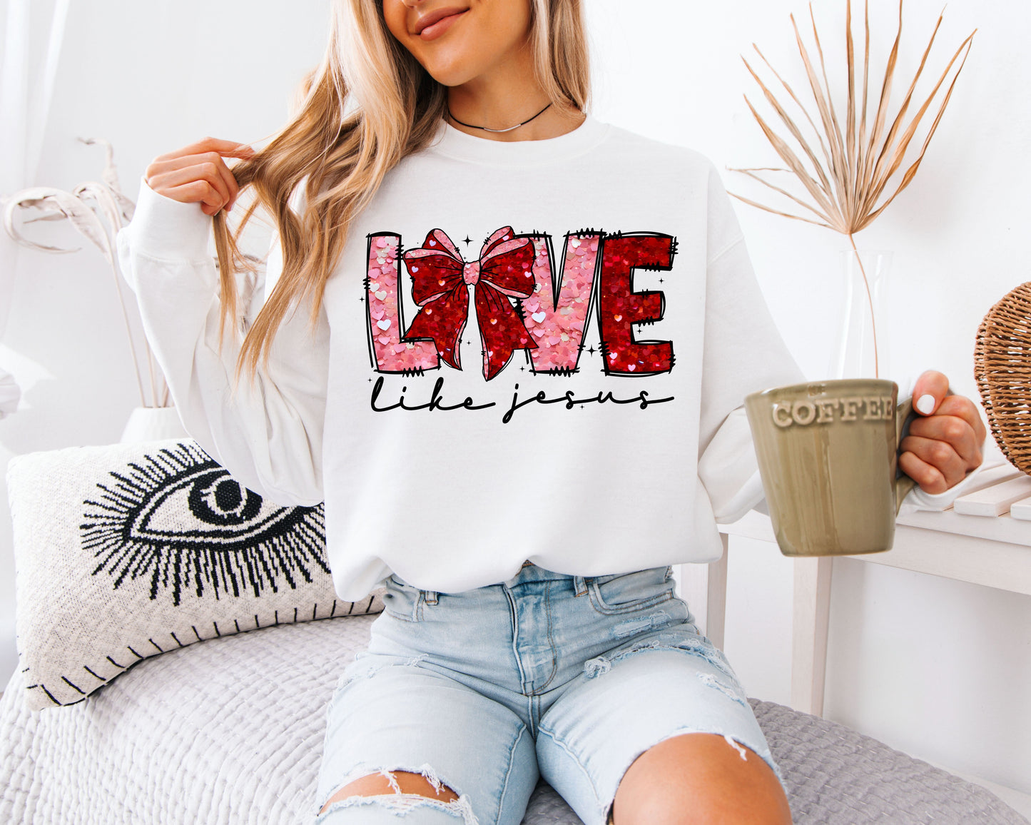 Love Like Jesus Sweatshirt | Faux Sequin Coquette Bow Crewneck | Cute Christian Valentine Gift