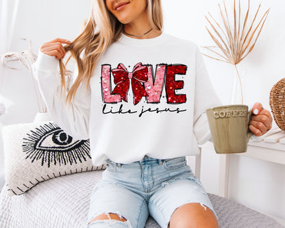 Love Like Jesus Sweatshirt | Faux Sequin Coquette Bow Crewneck | Cute Christian Valentine Gift