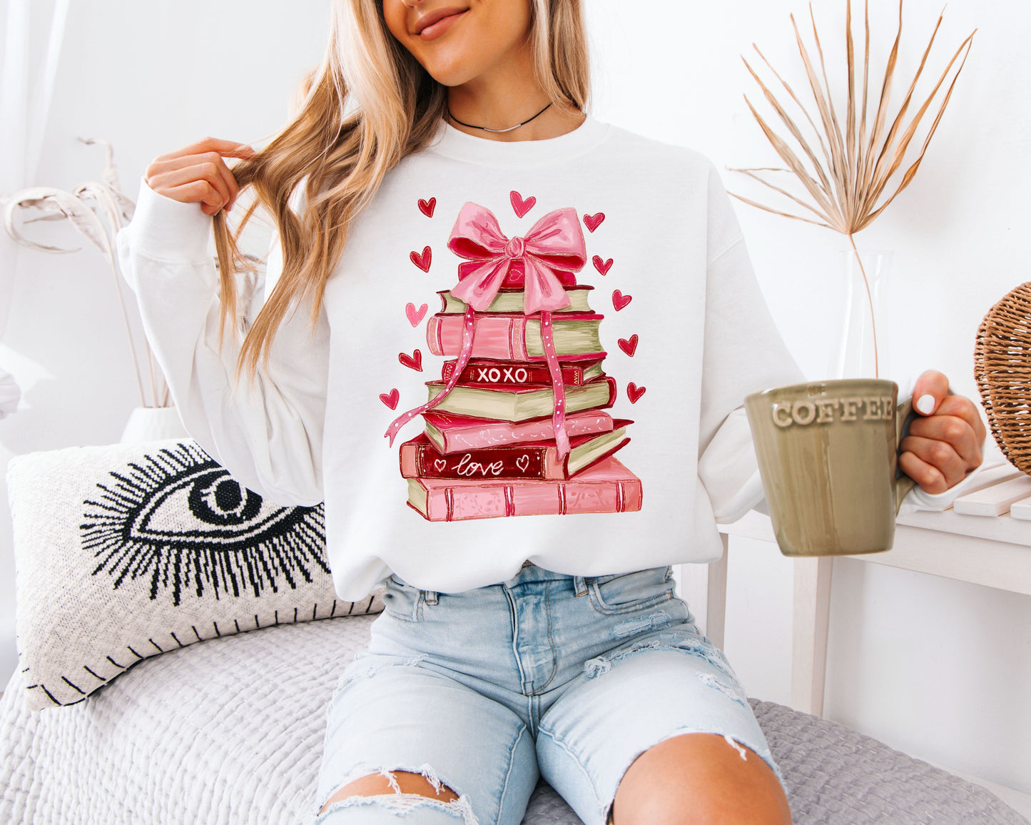 Coquette Book Stack Sweatshirt | Watercolor Pink Bow & Books Valentine Crewneck | Romantic Reading Gift