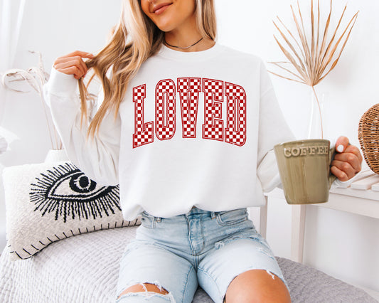LOVED Sweatshirt | Retro Red Checkerboard Varsity Crewneck | Cute Valentine’s Day Gift for Her