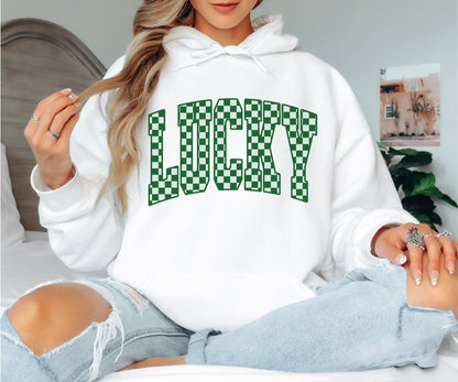 Lucky Checkerboard Hoodie, Green Retro Graphic Hoodie, Cozy Unisex Pullover for Everyday Wear