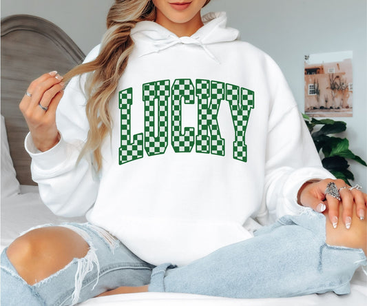 Lucky Checkerboard Hoodie, Green Retro Graphic Hoodie, Cozy Unisex Pullover for Everyday Wear
