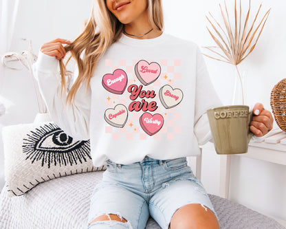 You Are Enough Loved Strong Worthy Sweatshirt - Positive Affirmations Pullover, Pastel Conversation Hearts Jumper, Mental Health Awareness Crewneck, Kind Heart Aesthetic Gift