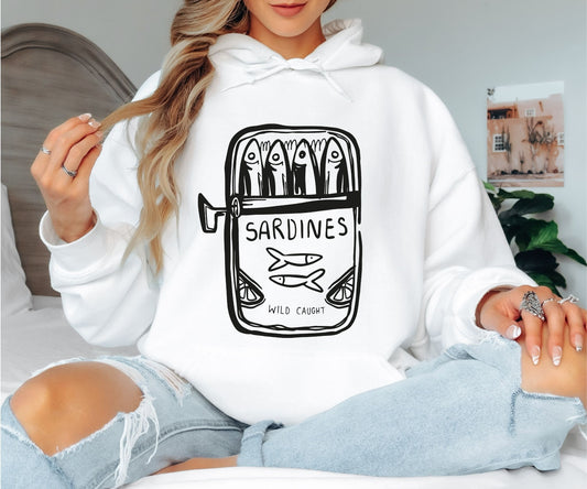 Wild Caught Sardine Tin Hoodie - Hand-Drawn Blue Aesthetic Pullover, Tinned Fish Lover Hooded Sweatshirt, Mediterranean Coastal Style Hoodie