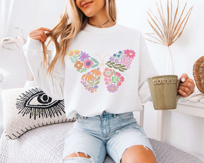 Vintage Butterfly Floral Sweatshirt, Cottagecore Garden Graphic Crewneck, Retro Nature Aesthetic Cozy Pullover