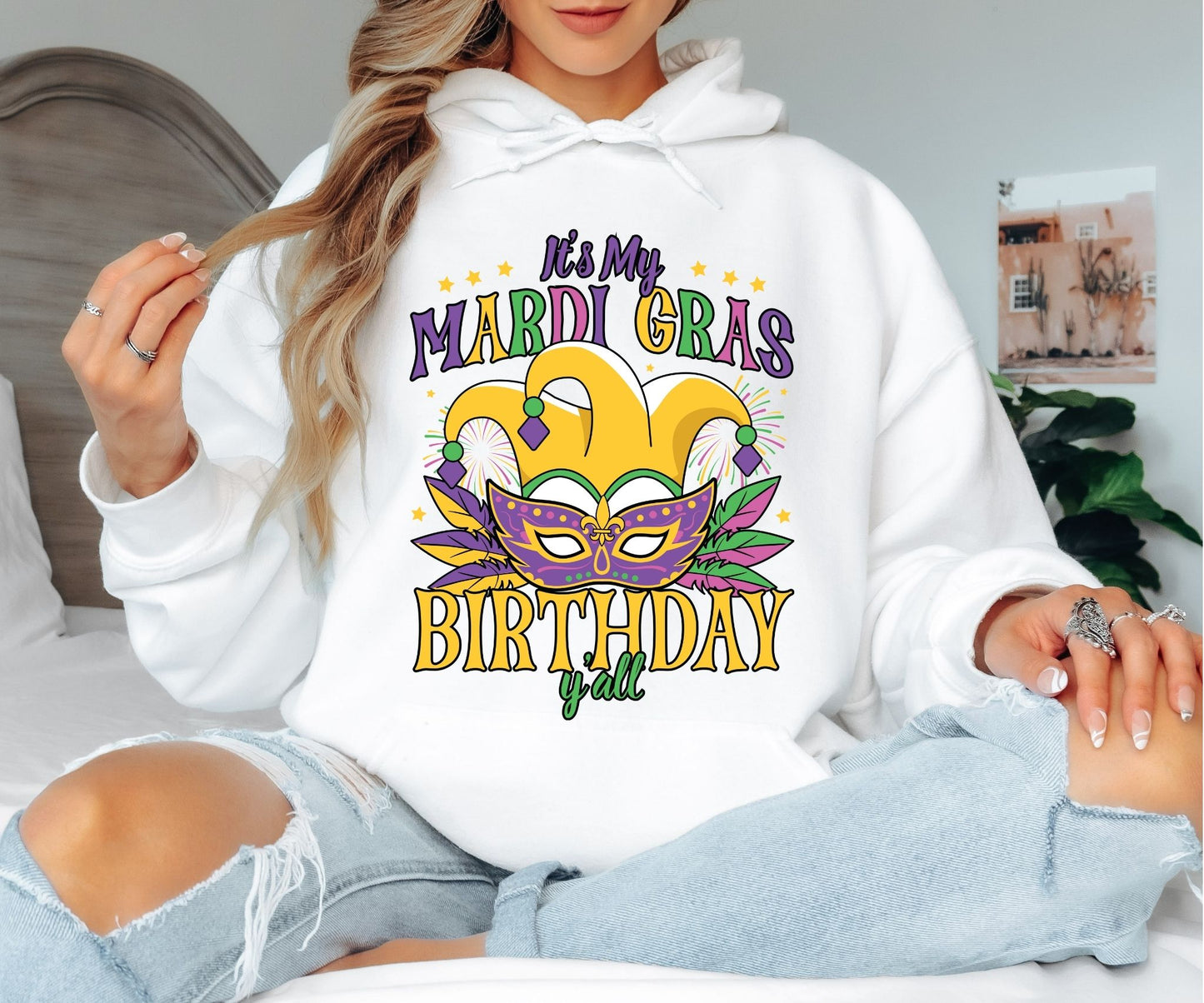 Mardi Gras Hoodie – Beads Masks & Carnival Fun