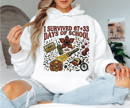 I Survived 67+33 Days of School Hoodie – Stranger Things Inspired Hawkins Graphic Hoodie, Funny End of School Unisex Sweatshirt