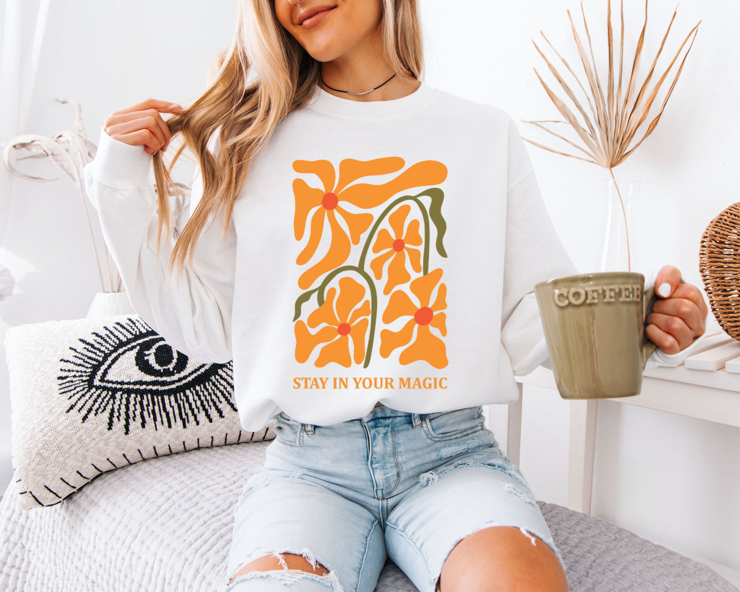 Nature Walk Sweatshirt, Wildflower Illustration Crewneck Pullover, Relaxed Casual Top