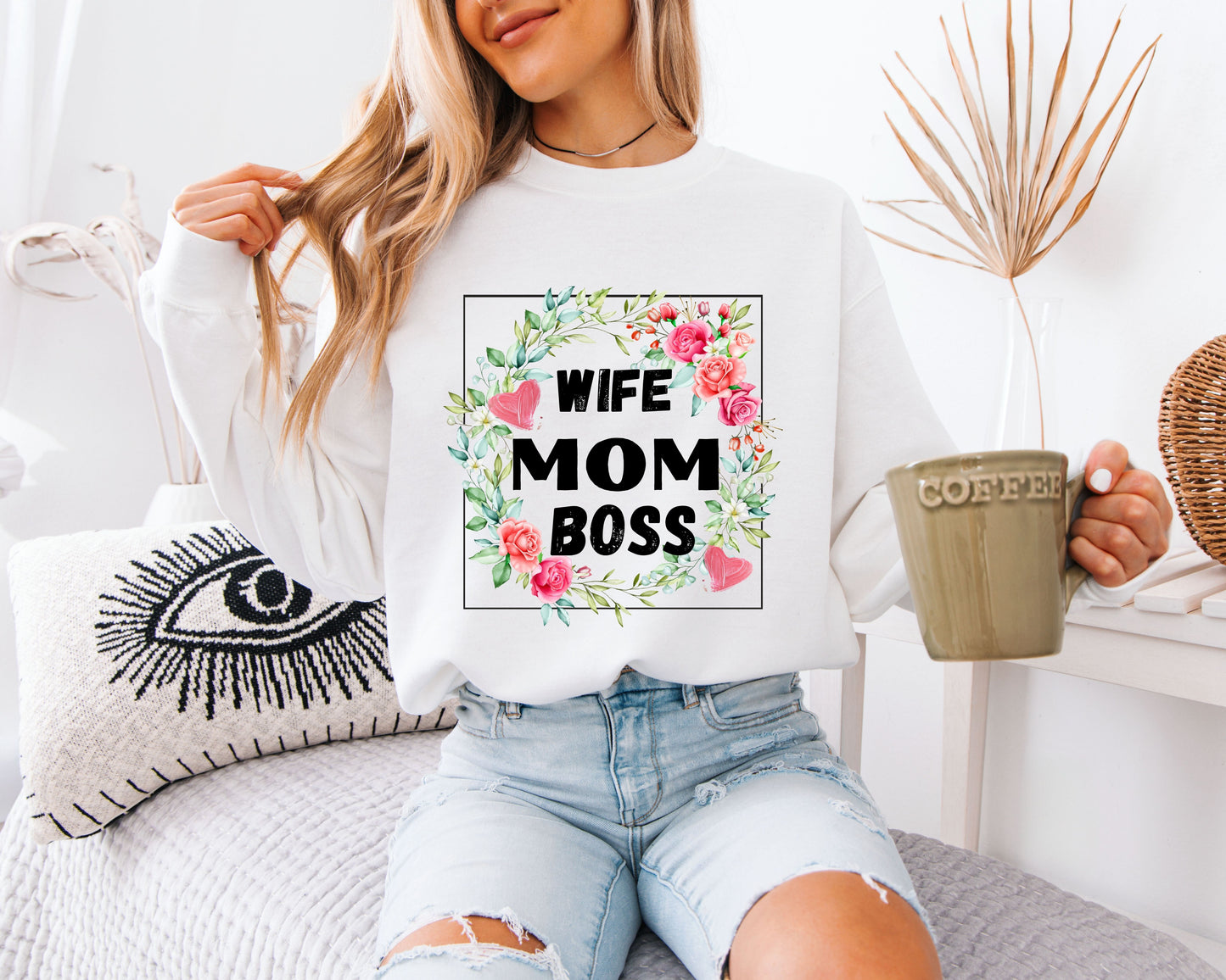 Wife Mom Boss Floral Sweatshirt, Cute Mama Graphic Crewneck Pullover, Strong Mom Life Shirt, Mother’s Day Gift for Her, Cozy Everyday Sweater