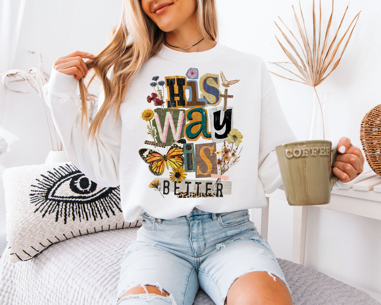 His Way Is Better Sweatshirt Christian Faith Gift, Vintage Scrapbook Aesthetic, Butterfly Floral Spiritual Crewneck