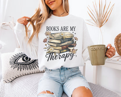 Books Are My Therapy Sweatshirt, Book Lover Cozy Crewneck, Floral Reading Graphic Pullover