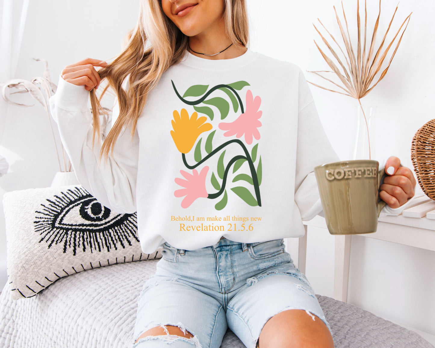 Cottagecore Bible Verse Sweatshirt, Floral Faith Graphic Crewneck, Relaxed Pullover