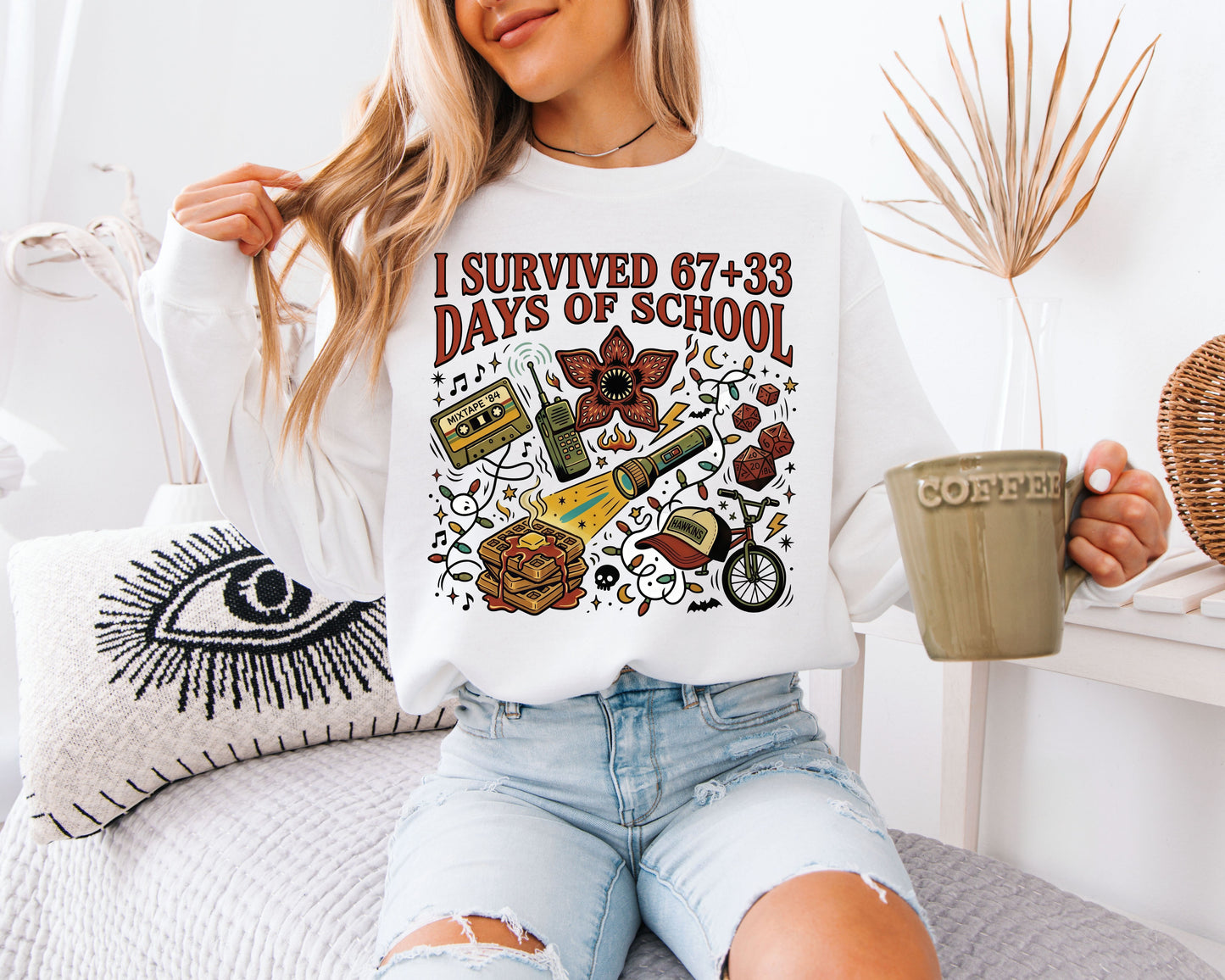 I Survived 67+33 Days of School Sweatshirt, Funny School Survivor Shirt, Retro Pop Culture Unisex Crewneck