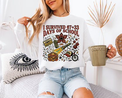 I Survived 67+33 Days of School Sweatshirt, Funny School Survivor Shirt, Retro Pop Culture Unisex Crewneck